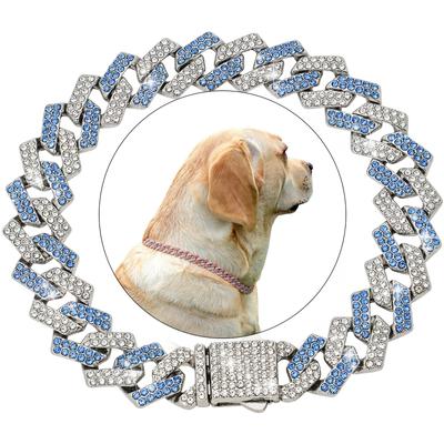 15MM Breit Blauer Rauten-förmiger Diamant Kubanisches Halsband Haustier Kubanisches Halsband Spaziergang Metallkette Halsband Zubehör für Hunde Katzen