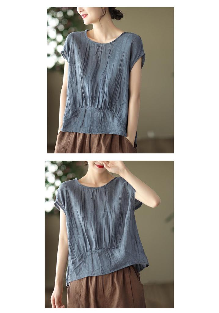 Women's Stylish Summer 2026 Solid Color Tencel Shirt - Loose Fit, Round Neck, Short Sleeves