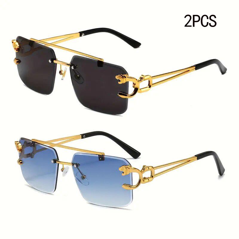 Fashion Leopard Rimless Sunglasses Double Bridges Gradient Ocean Film Shades UV400