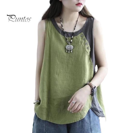 Summer Blouse Women Tank Top Contrast Color Patchwork Round Neck Sleeveless Thin Match Pants Casual Vintage Plus Size Lady T-shirt Clothes