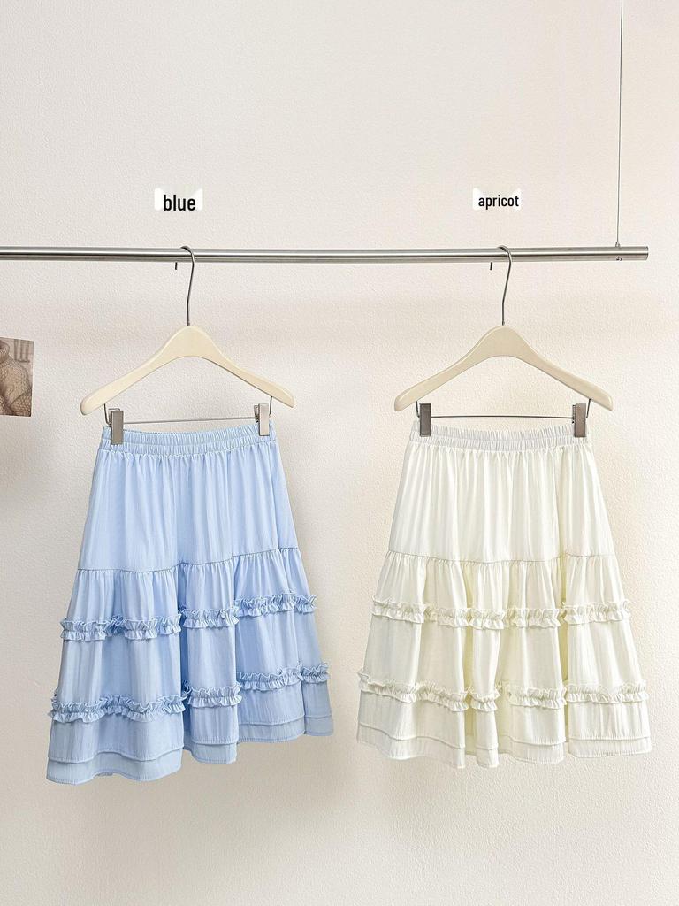 Korean Style A-Line Midi Skirt: Layered Wood Ear Edge, High-Waisted, White Princess Design for Petite Figures - Spring/Summer Fashion