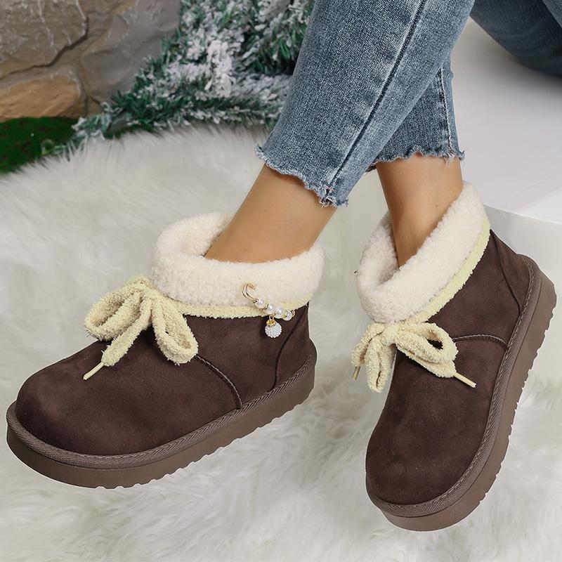 Luxury Lace Up Pearl Decoration Snow Boots Women 2025 Soft Faux Fur Ankle Boots Woman Solid Color Platform Warm Botas Mujer