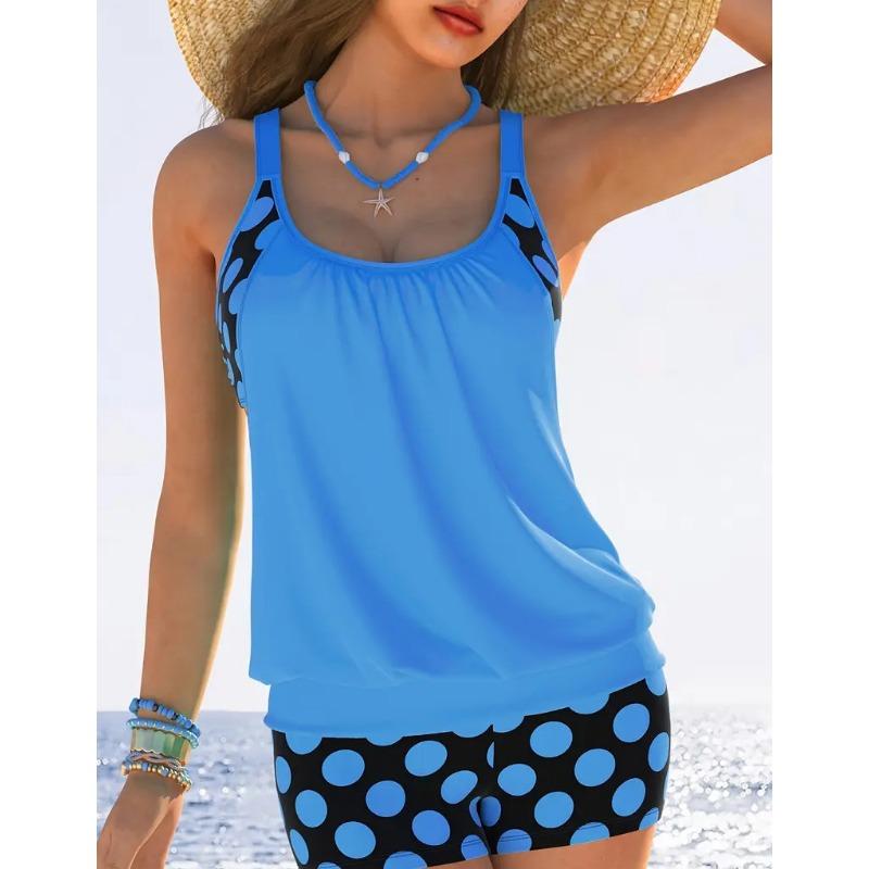 Women's Light Blue Polka Dot Tankini Set Racerback Two Piece Modest Swimsuit with Shorts
