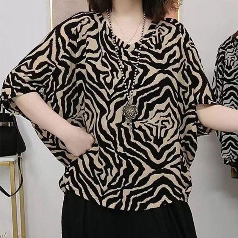 Casual Batwing Sleeve Striped Shirt Summer Loose V-Neck Vintage Printed Women's Clothing Stylish Spliced Basic Commute Blouse