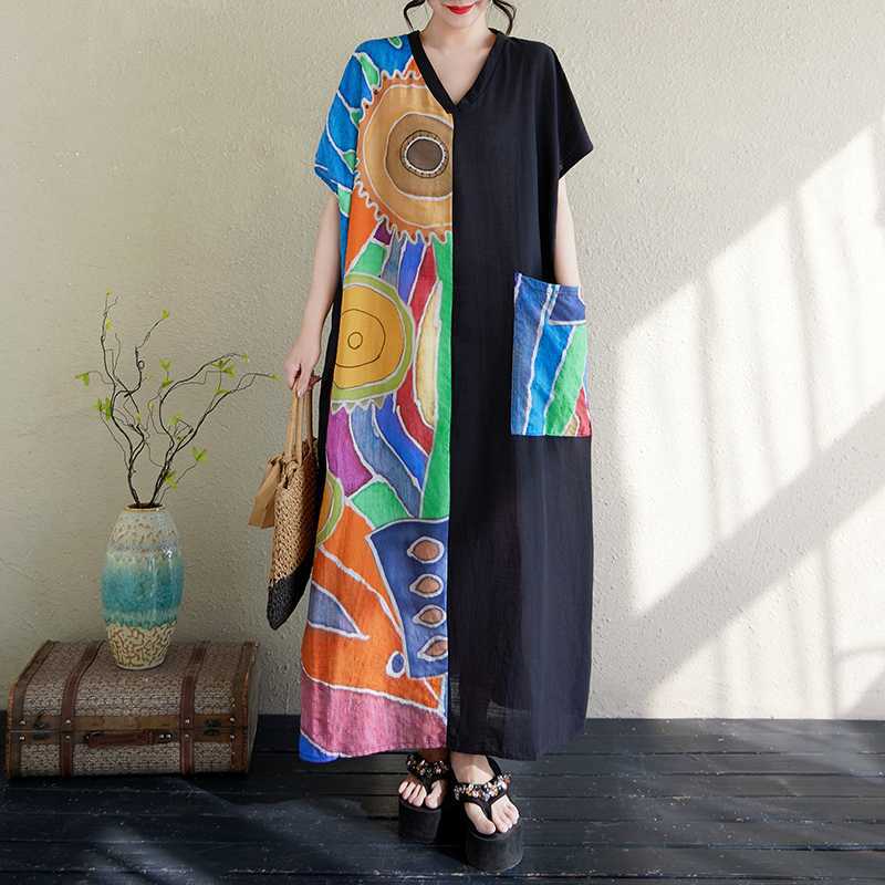 Damen Baumwolle und Leinen Retro Schlankmachendes Kurzarm Color-Blocked Kleid