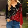 Women's Fashionable Casual V-neck Blouse Button Christmas Printed Long-sleeved Pullover T-shirt Top