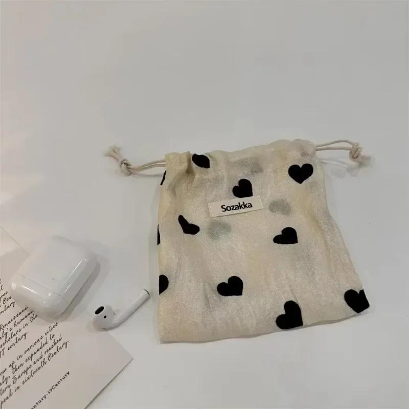 Champagne Love Drawstring Storage Bag Literary Style Polyester Vintage Drawstring Pocket Coin Purse Pull Rope Pouch case