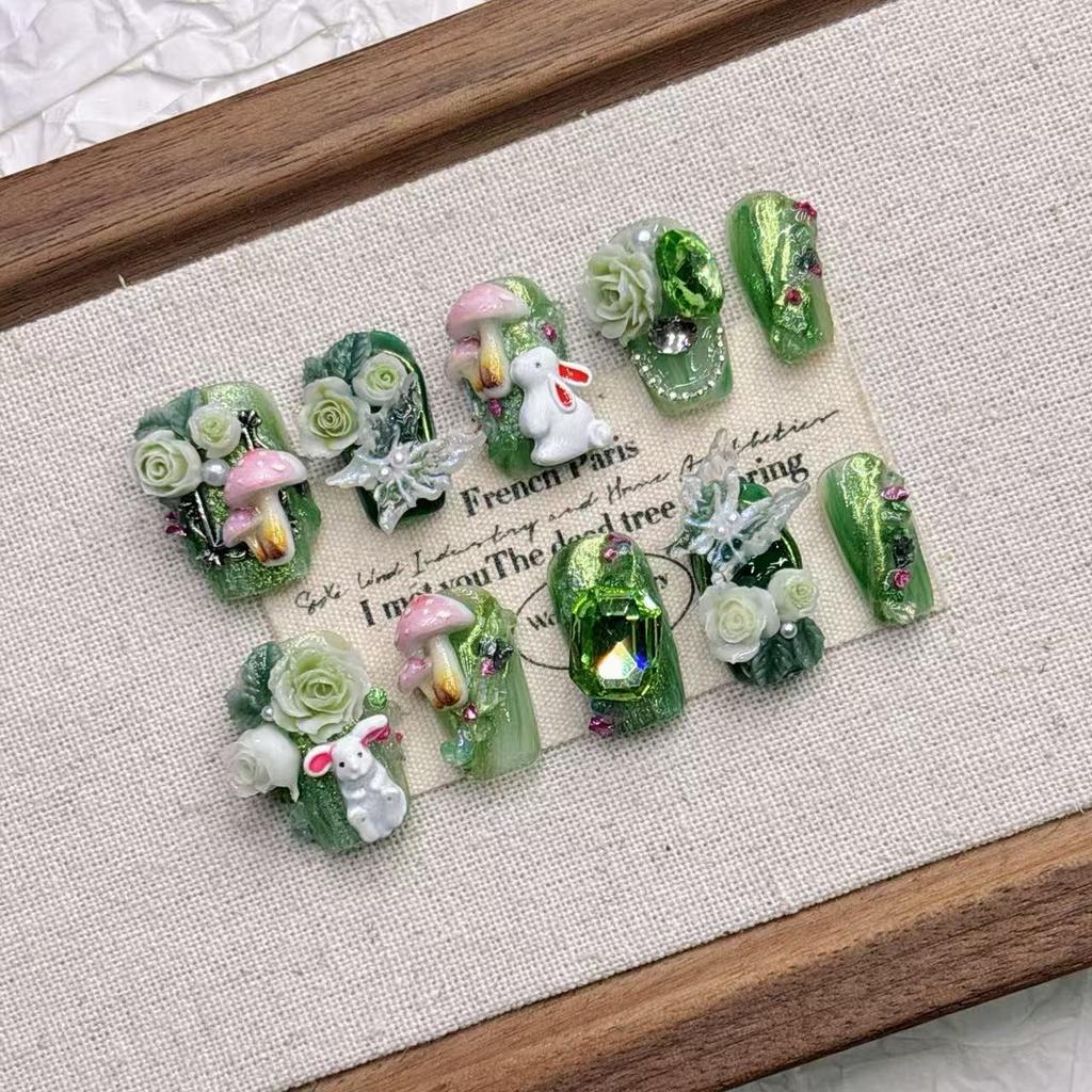 Square Press On Nails Almond Fake Nails French Tip False Nails with 3D Design Full Cover Acrylic Glue On Nails Artificial Stick On Nails for Women