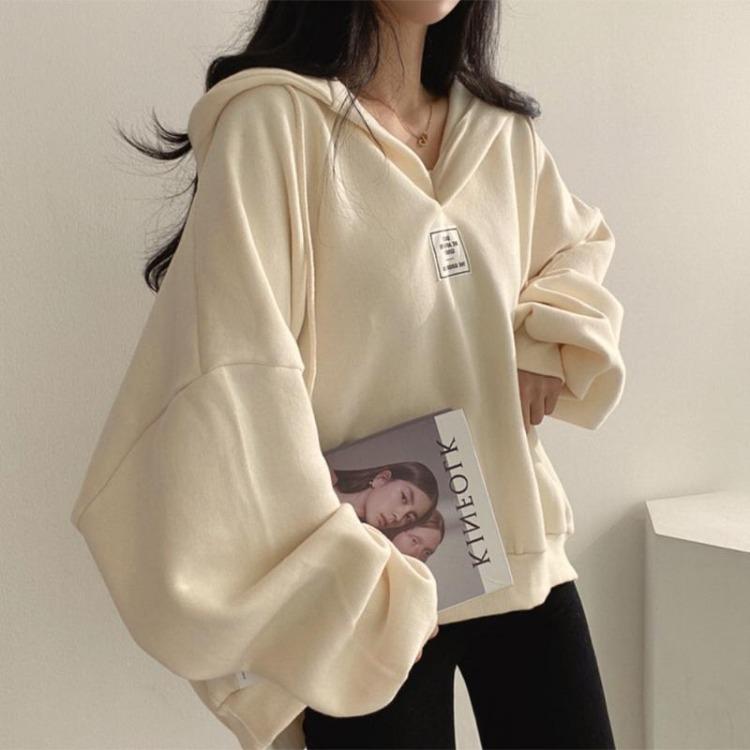 Women Loose Fashion Drop Shoulder Hooded Sweatshirt Top Large Size Solid Color Patch