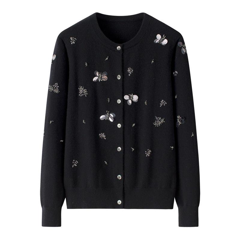 

100% Pure Cashmere Loose Sequin-Beaded Sweater Coat - Women s Autumn Long-Sleeve Top XL чёрный