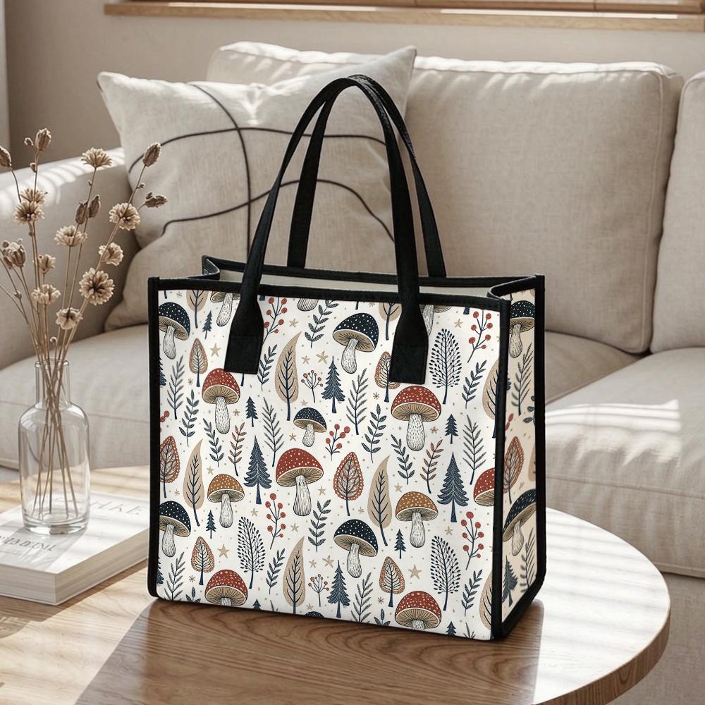 Cute Mushroom Print Casual Tote Bag Lightweight Portable Daily Use Shopping Shoulder Handbag For Women