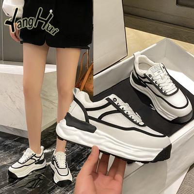 Zapatos de plataforma deportivos informales de moda transpirables de malla verde para mujer, zapatillas de estilo coreano con empalme, para primavera y otoño