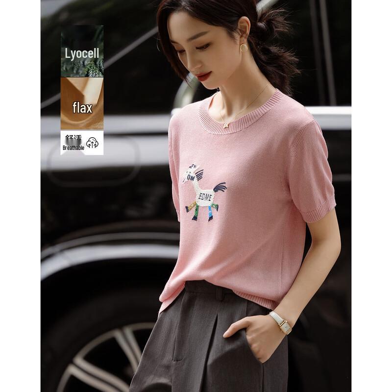 Demana Women s Linen Lyocell Blend Embroidered Knit Top L