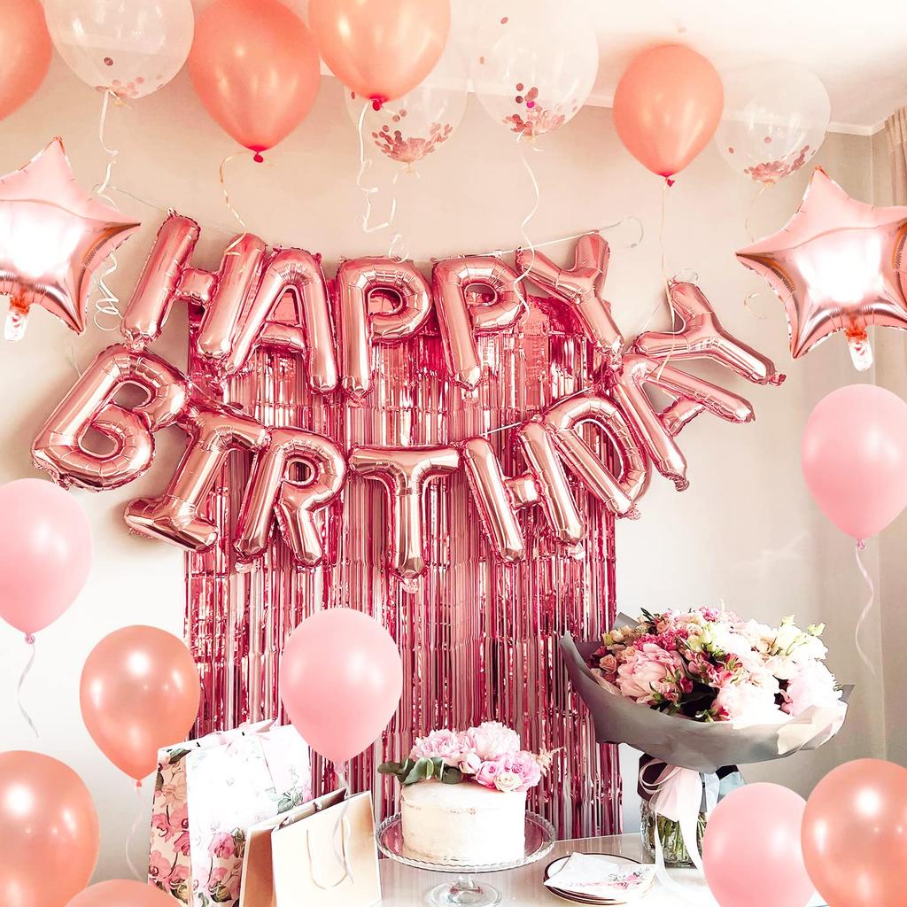 Iysoll Birthday Balloon Decoration Set Happy Birthday Garland Confetti Balloons Double-sided Tape Ribbon Pink Rose Gold