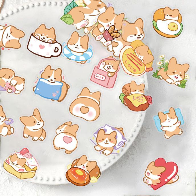 50 Cartoon Puppy Weekend Sticker Pack Waterproof Transparent PET Hand Account Corgi Material Decorative Guitar Notebook