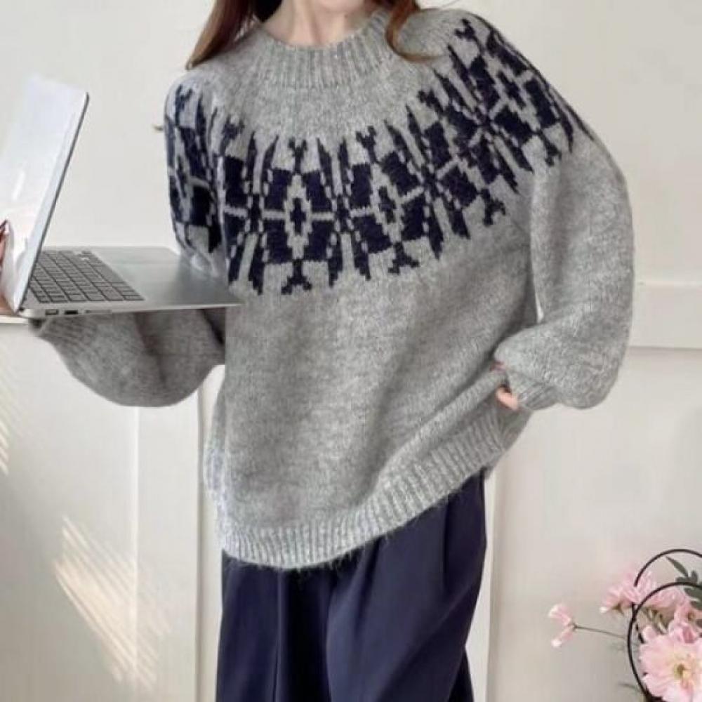 Navava Nk2622 Retro Pattern Round Neck Long Sleeve Knit Sweater