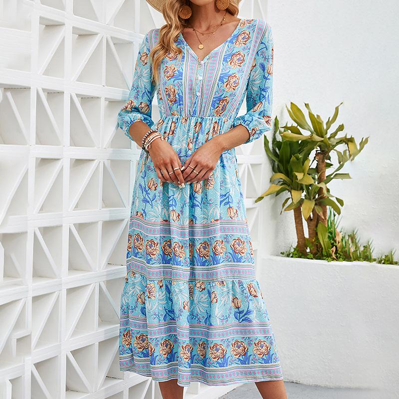 

Women s Floral Print V-Neck Ruffled Dress with Puff Sleeves, A-Line Summer Dress in Pink/Blue/Orange S рожевий