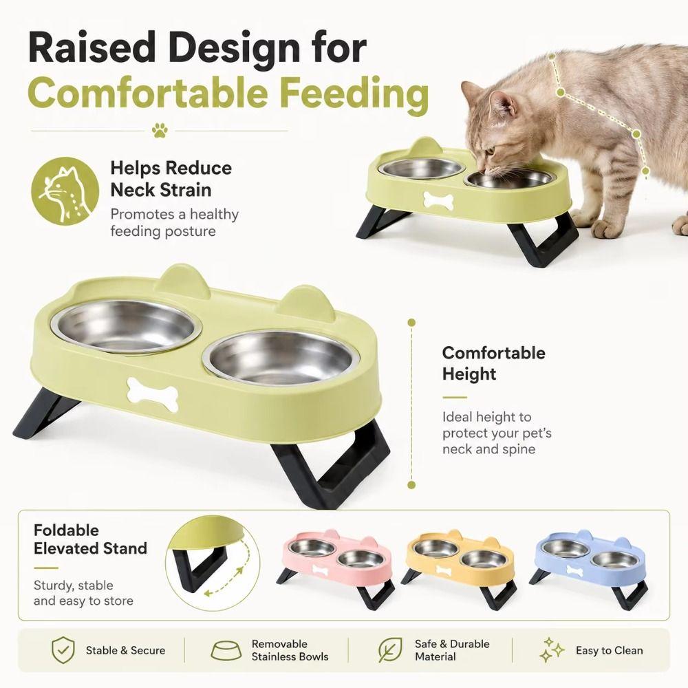 Stainless Steel Raised Pet Feeder Double Bowl Cat Feeding Dish Elevated Cat Bowl For Cats