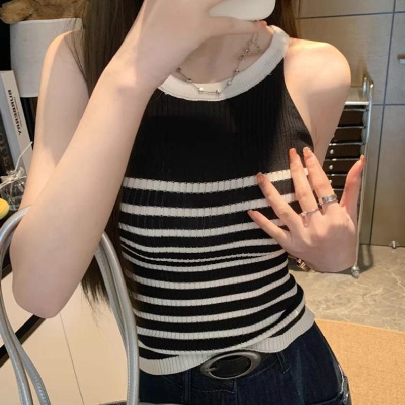 Sweet Hot Girl Striped Knitted Vest Women's Summer Slim Fit Short Sleeveless Camisole Outer Top