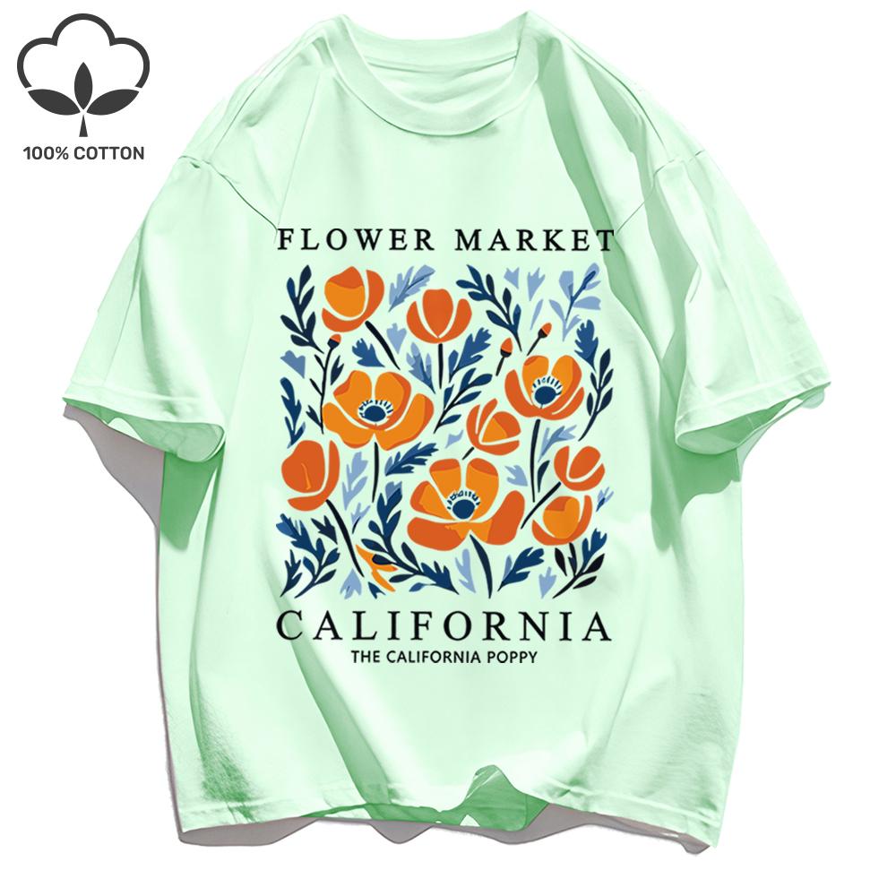 Yellow Flowers Market California Print T-Shirt Woman Soft Cotton Tee Top O-Neck Casual T Shirt Crewneck Sports Short Sleeve
