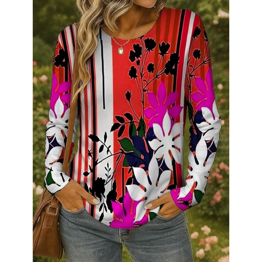 Flower Print Versatile Women's Top Casual Loose Long Sleeve Fashion Pullovers Long Sleeves Women’s