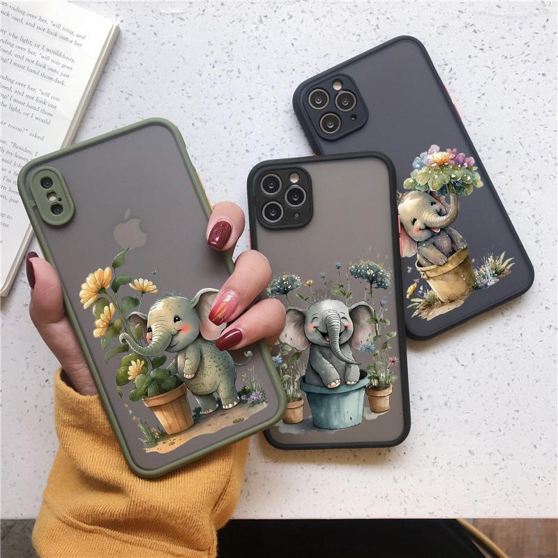 Süßes Cartoon-Elefanten-Tier und Topfpflanze Handyhülle für iPhone 16 15 14 Plus 13 12 Mini 11 Pro MAX XS XR X 7 8 Plus Hülle