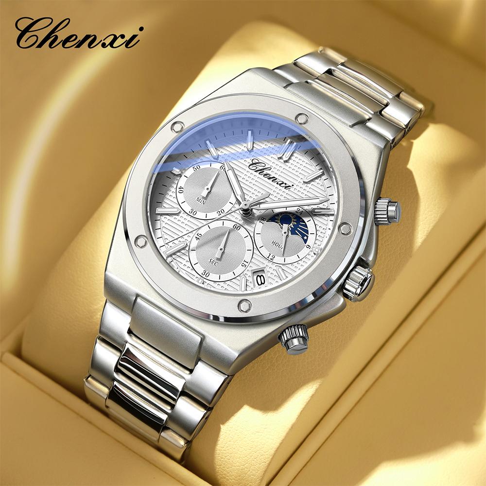 CHENXI Watch Man New Multi-functional Quartz Wristwatches Fashion Chronograph Date Moon Phase Luminous Steel Strap Men's Watches