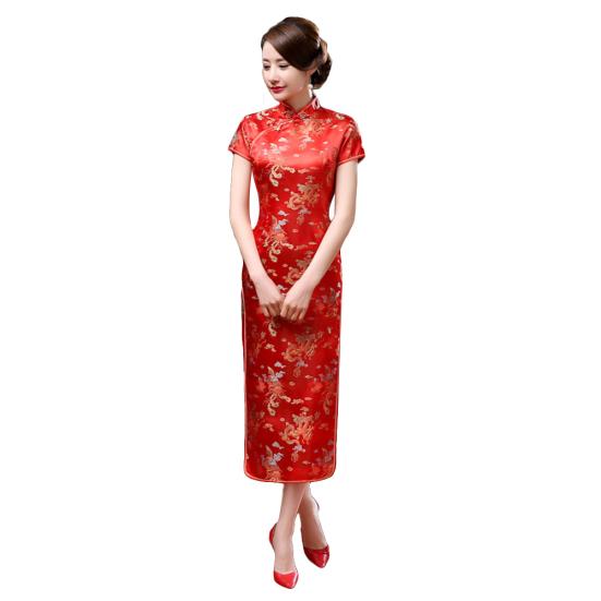 Ethnic Vintage Women Chinese Dragon Phoenix Embroidery Long Slim Cheongsam Dress