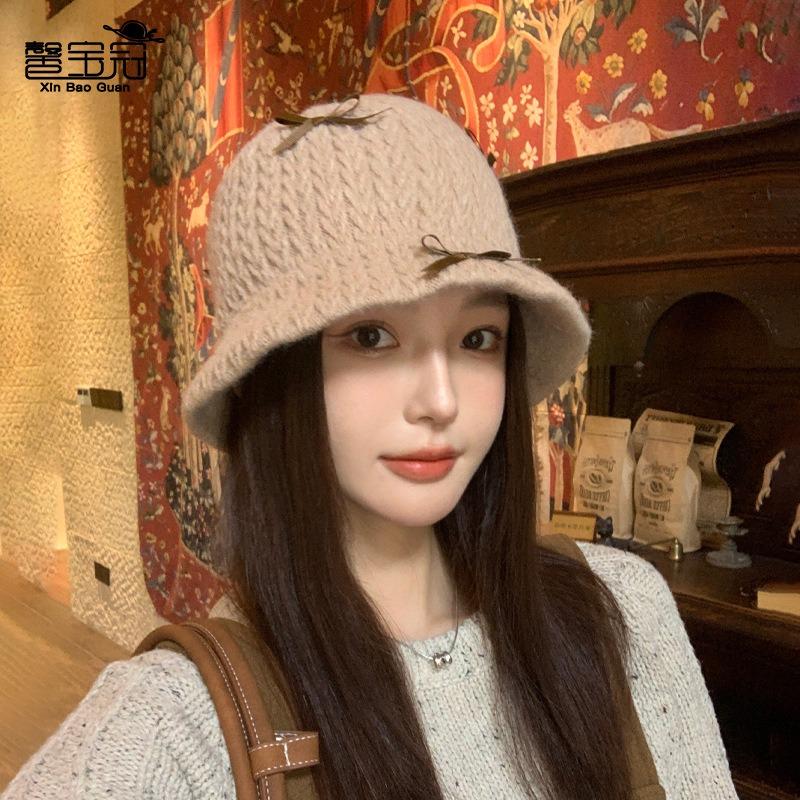 Knitted wool hat children autumn and winter windproof and warm bucket hat showing small face versatile ear protector basin hat