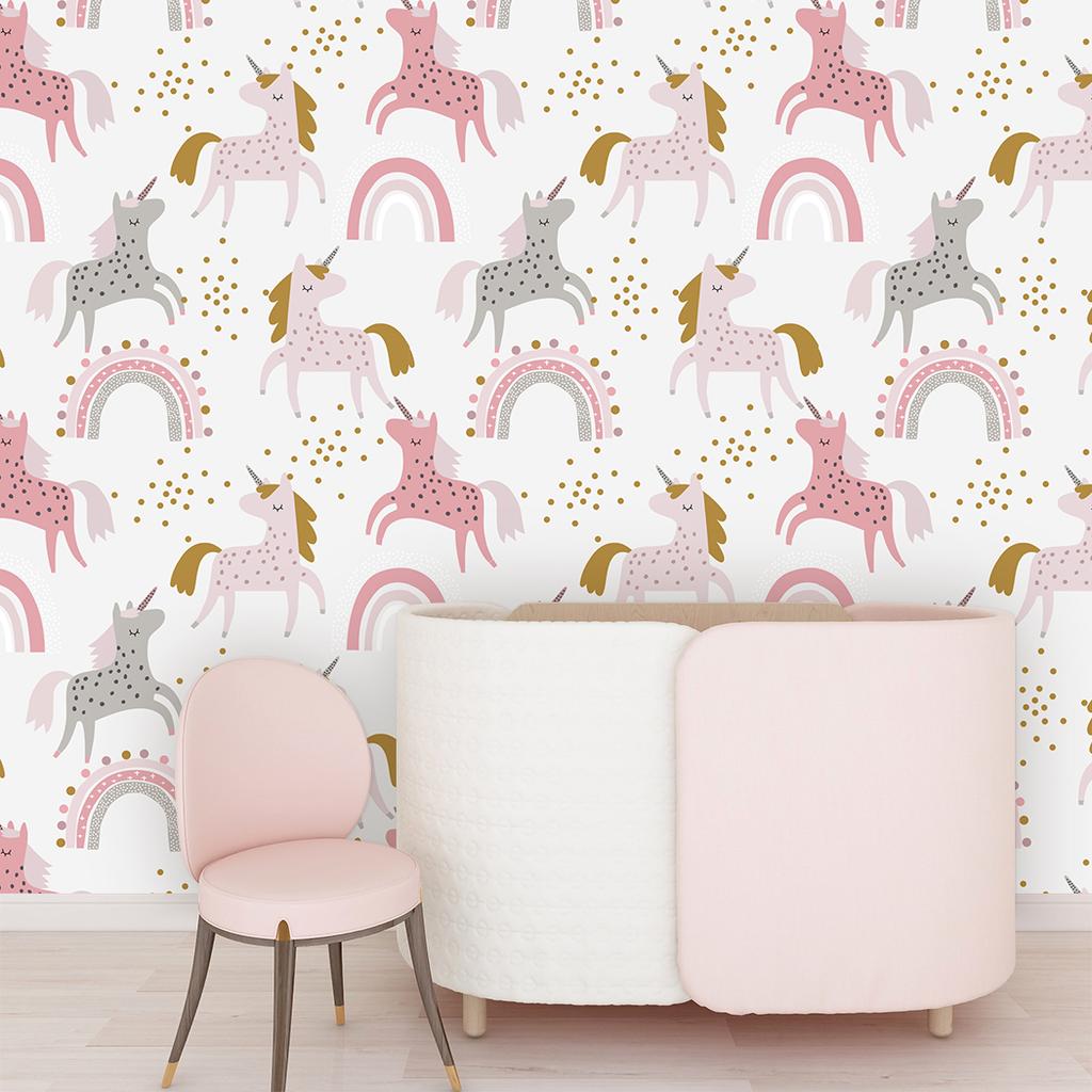Cute Unicorn Rainbow Peel And Stick Cartoon Wallpaper Self-Adhesive Pink/Grey Wall Stickers for Kidroom Easy To Paste Home Decor