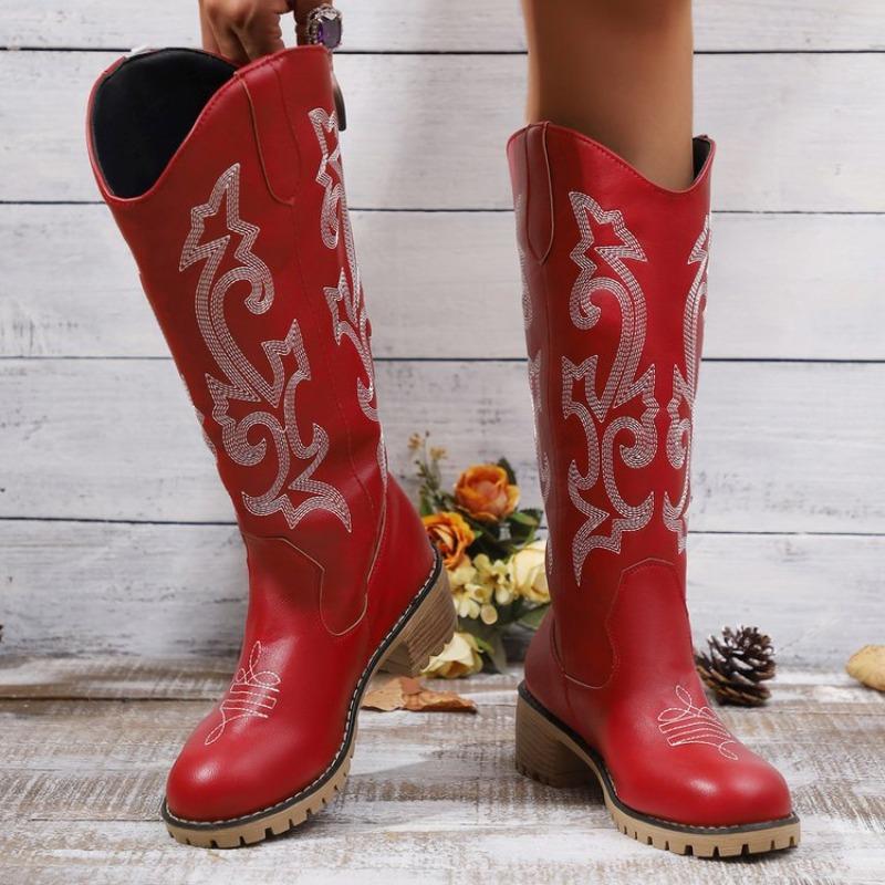 Vintage Embroidered Martin Boots Women's Summer Red Heel Boots Knight Boots Short Boots Western Cowboy Boots-3