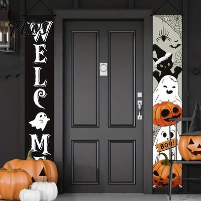 Party Atmosphere Decoration Halloween Porch Sign Banner, Pumpkin Ghost Awning Hanging Wall Indoor Door Decoration, Front Wreath Banner Yard