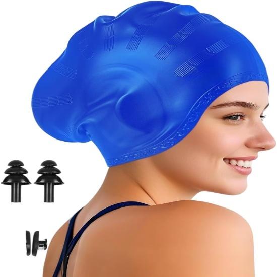 KNK Silicone Swim Cap for Mens & Women with Long Hair, 3D Ear Cover, Nose Clip & Ear Plugs Set (Sky Blue)