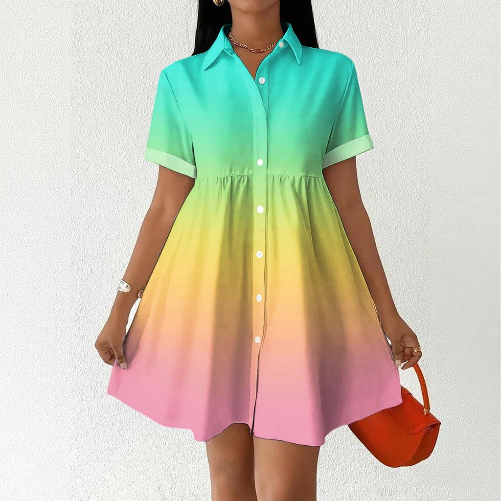 Women’s Casual Loose Fit Shirt Dress Button Down Stand Collar Short Sleeve Gradient Print Fashion Tunic Dress