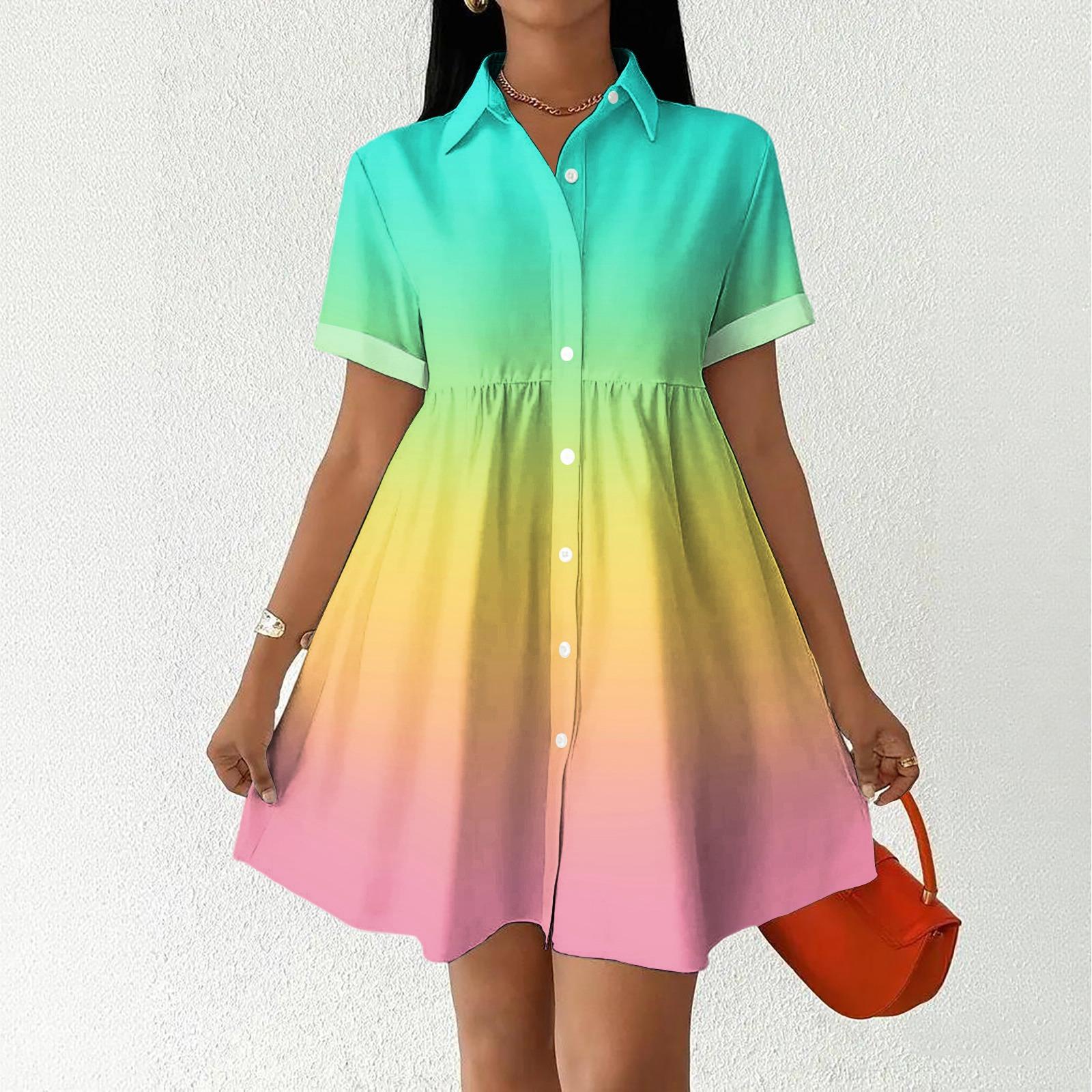 

Women’s Casual Loose Fit Shirt Dress Button Down Stand Collar Short Sleeve Gradient Print Fashion Tunic Dress XL жовтий