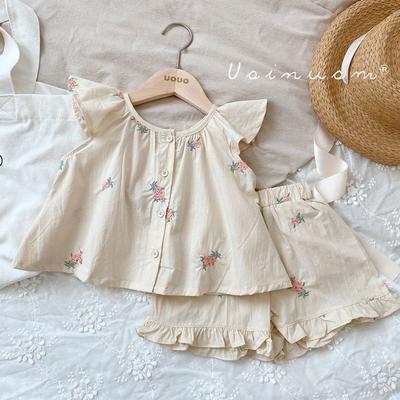 Girls' Summer Suspender Fly Sleeve Two-piece Travel and Summer Children's Set