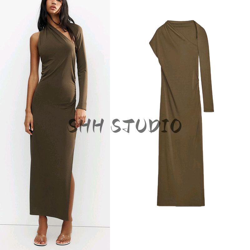 Spring and Summer Women's Clothing French Hem Side Slit Long Sleeves Asymmetric Fold Decorative Length Dress 5644324