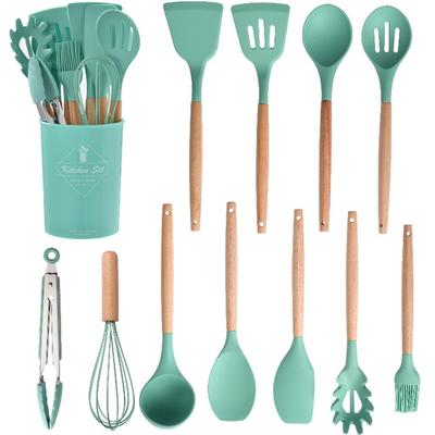 Silikon-Küchenutensilien-Set, Antihaft-Kochgeschirr, Spatel, Schaufel, Schneebesen, grüner Holzgriff, Küchen-Kochwerkzeug-Set