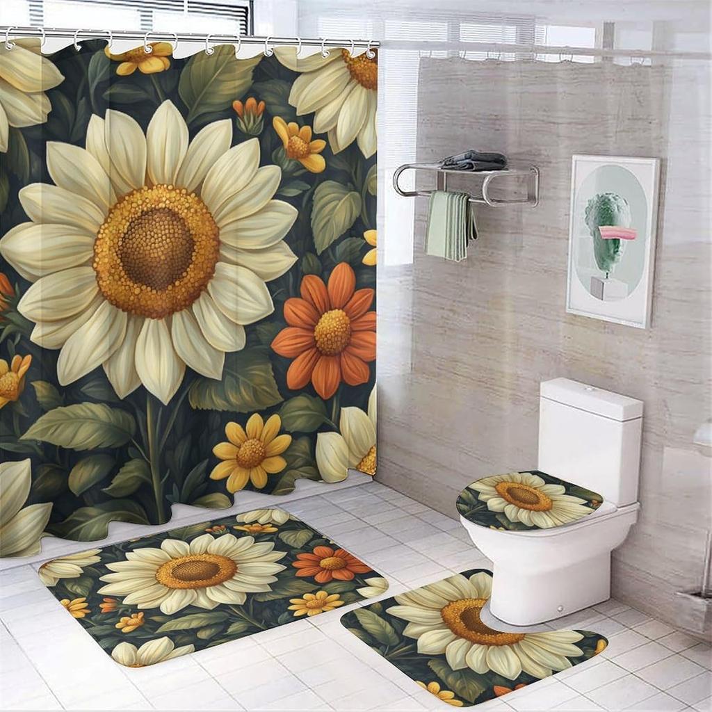 Bathroom Curtain And Rug Set, Sunflower Pattern Printed On Shower Curtain And Bath Mat Set, Designed For Farmhouse Contemporary
