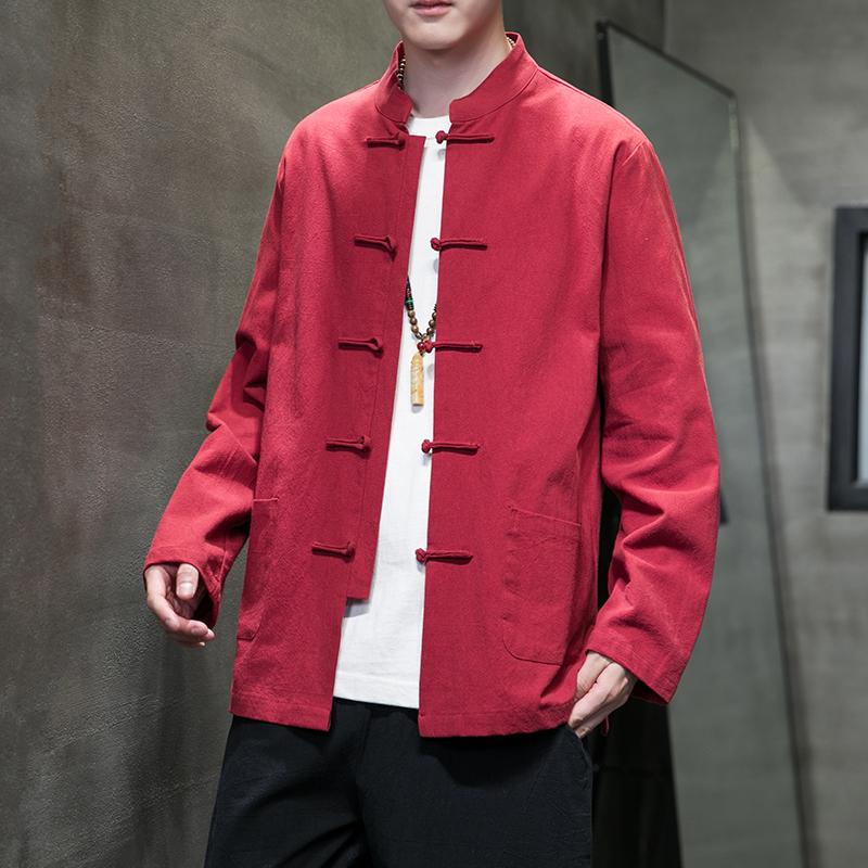 Spring and Autumn Chinese Shirt Man Cotton Linen Tang Suit Top Long Sleeve Kung Fu Shirt Traditional Men Blouses