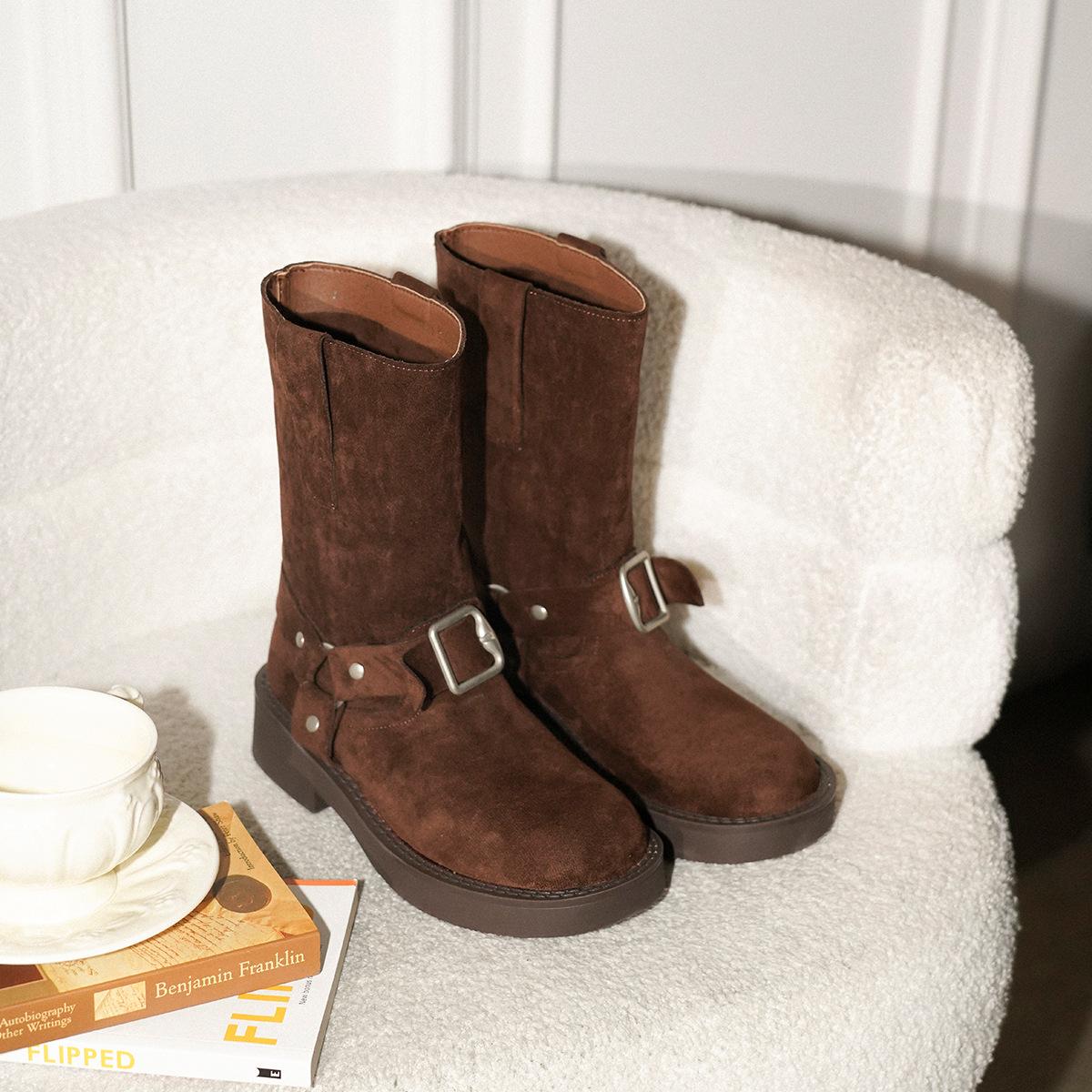 

Cowhide version~ Wasteland retro western cowboy boots women s metal buckle short boots British Martin boots thick-soled stacking boots 35