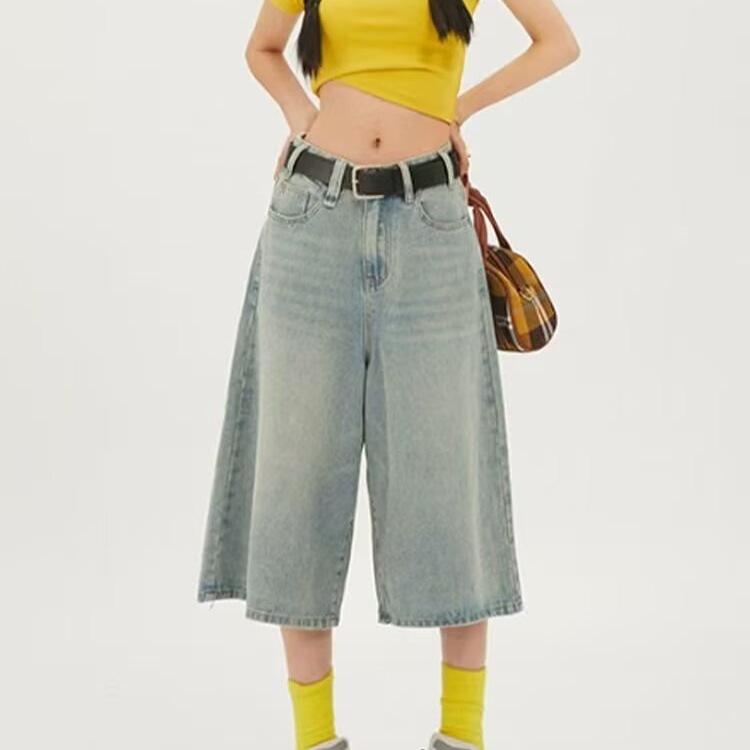 Jeans larghi da donna stile americano vintage estivi Y2k larghi lavati vita alta lunghezza al ginocchio pantaloni in denim streetwear pantaloncini a gamba larga