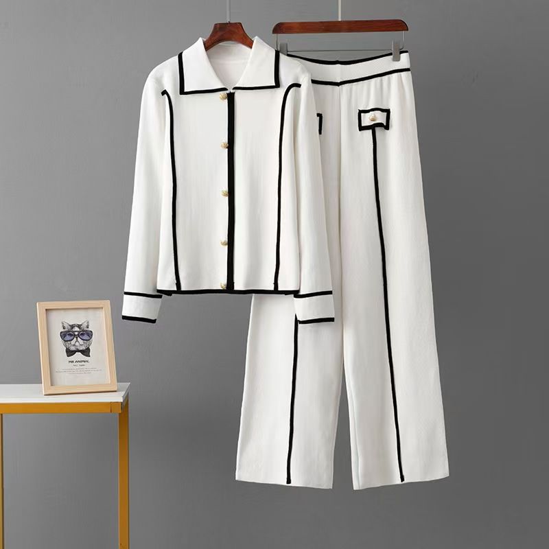 

Fashion Fashion Contrast Color Lapels Knitting Tops Loose Pants Suit Knitted Top and Pants Set White All yards