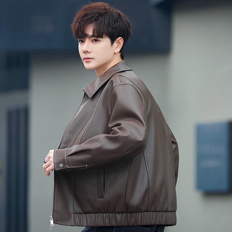 Herrenjacke Frühling und Herbst Koreanische Version Trendy Hübsche Lässige Lose Beliebte Revers Lokomotive Pu-Lederjacke