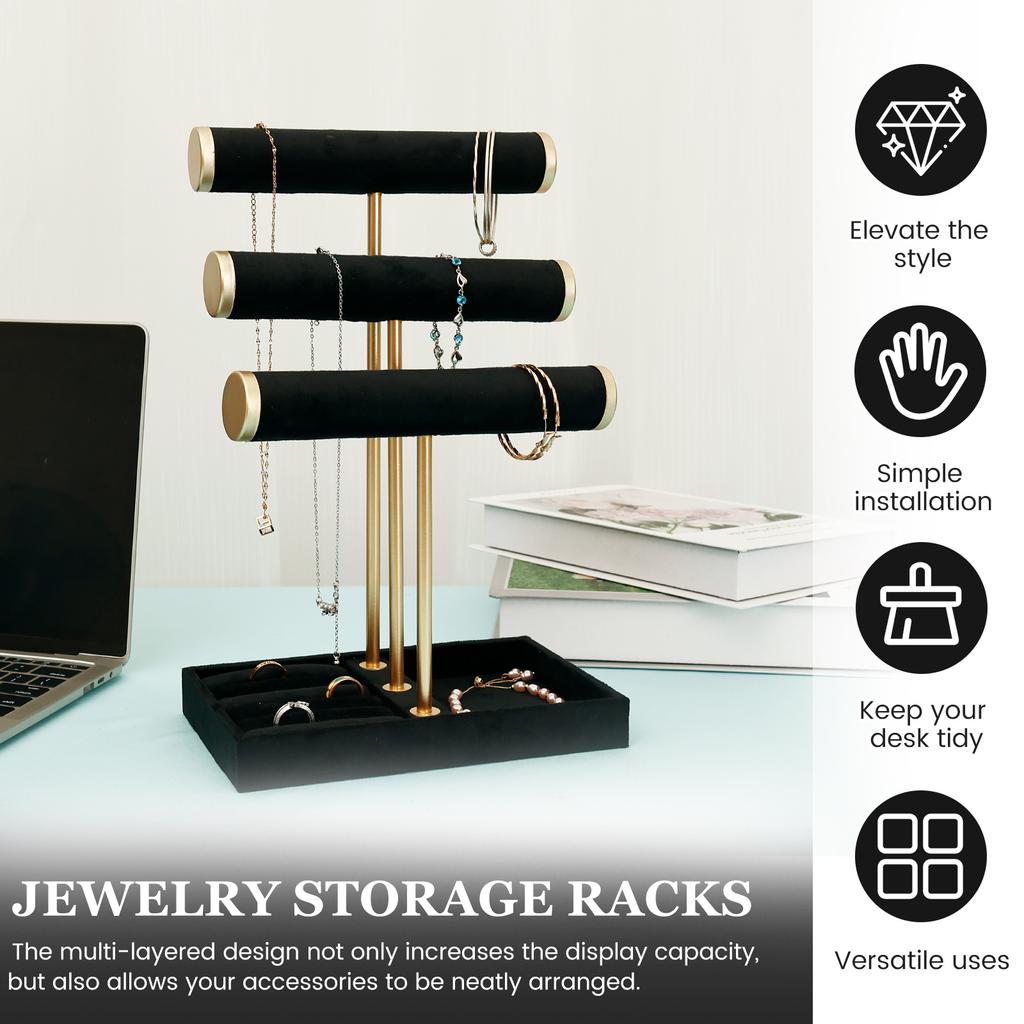 3 Layers Velvet Jewelry Display Detachable Necklace Holder with Tray Large Capacity Bracelet Organizer for Retail Store Home