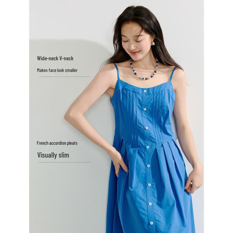 INMAN Klein Blue Pleated V-Neck Midi Dress