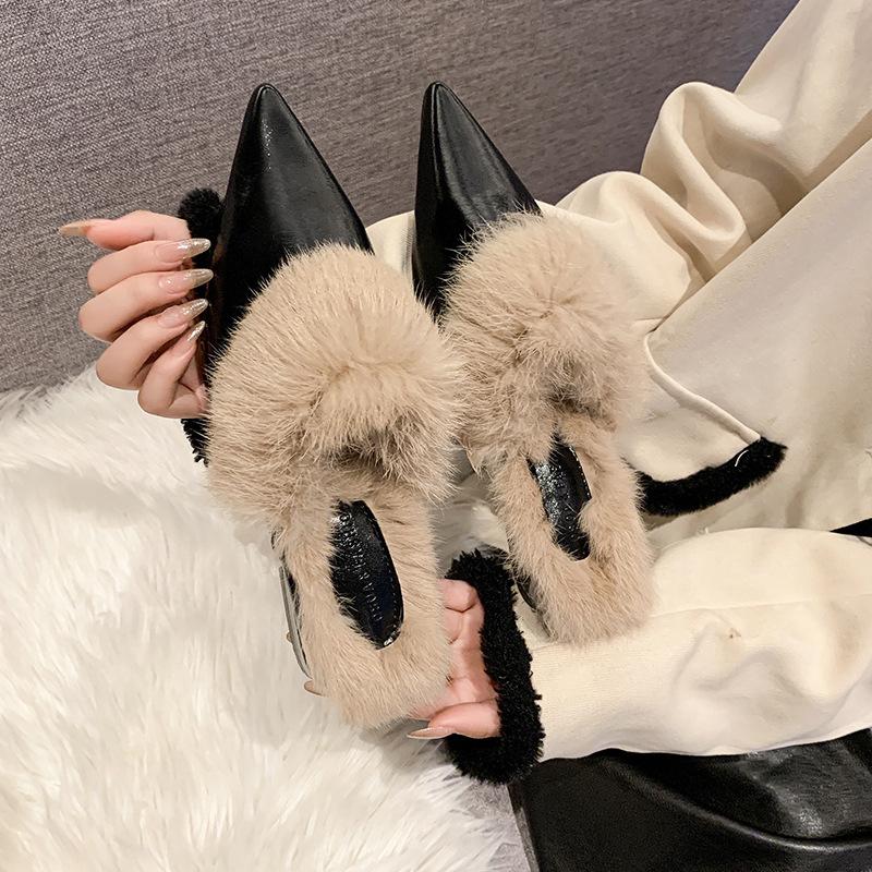 Pointed Head Flat Bottom Bag Head Slippers Women's Shoes Rabbit Fur Plush Warm Fashion Outdoor Fluff Drag High-end Leather Surface Europe and America