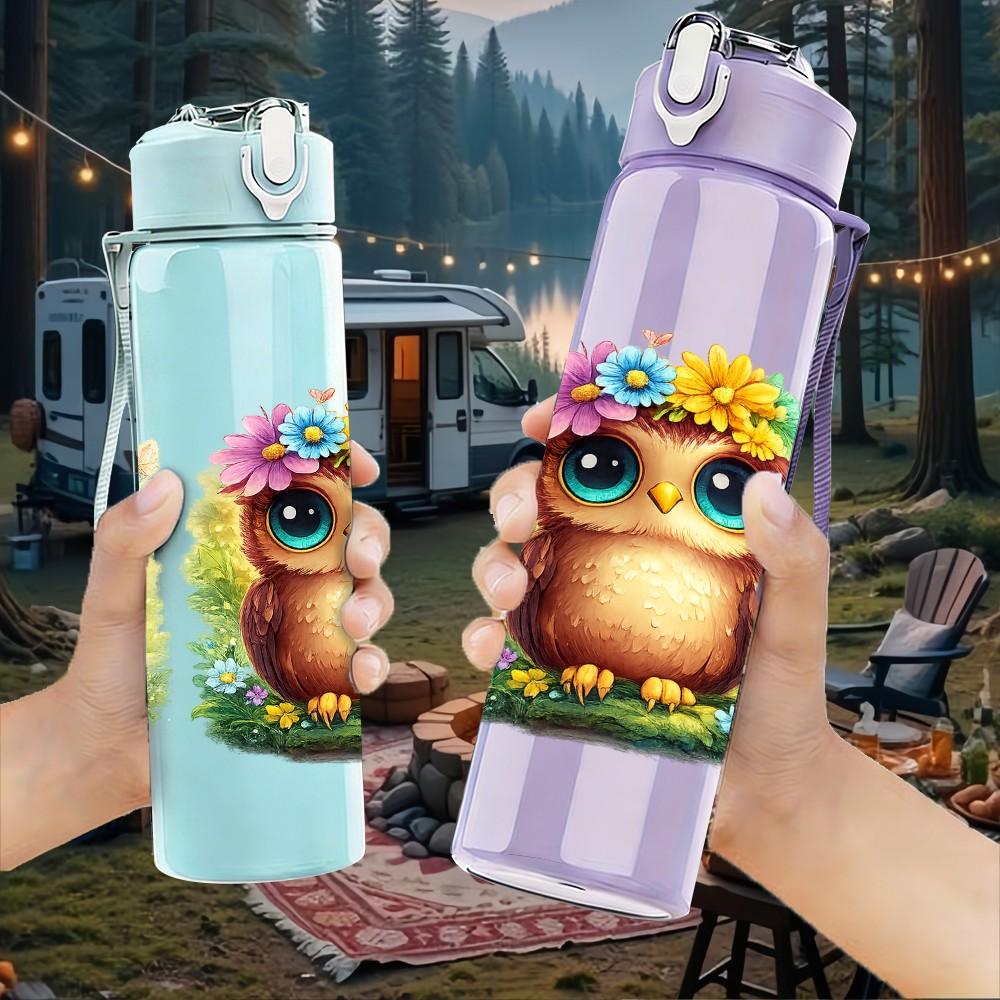 1PC Owl Bird Tropical Frame Print 750ml Color Plastic Sports Water Bottle Leakproof Flip Straw Lid Suitable for Sports Office Home Use