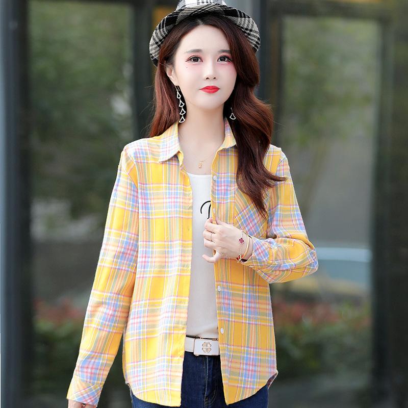 Women's Standing Collar Plaid Shirt Casual Loose Shirt Office Shirt