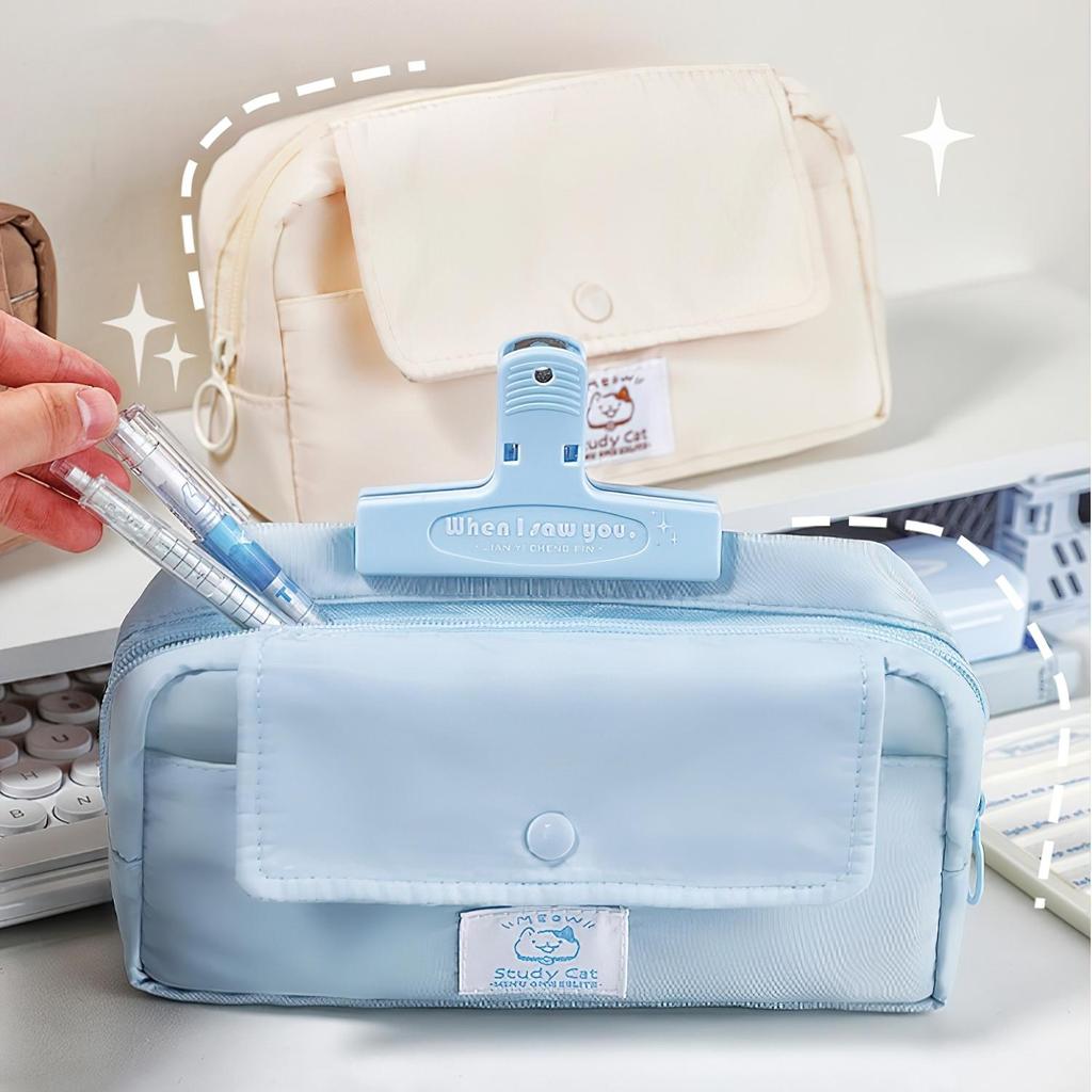 Study Cat Pencil Bag Pen Case Cartoon Meow Kitties Flip Cover Storage Pouch for Stationery